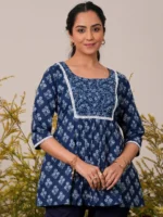 Indigo Printed Cotton A-Line Kurti - Image 2