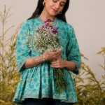 Turquoise Printed Cotton A-Line Kurti