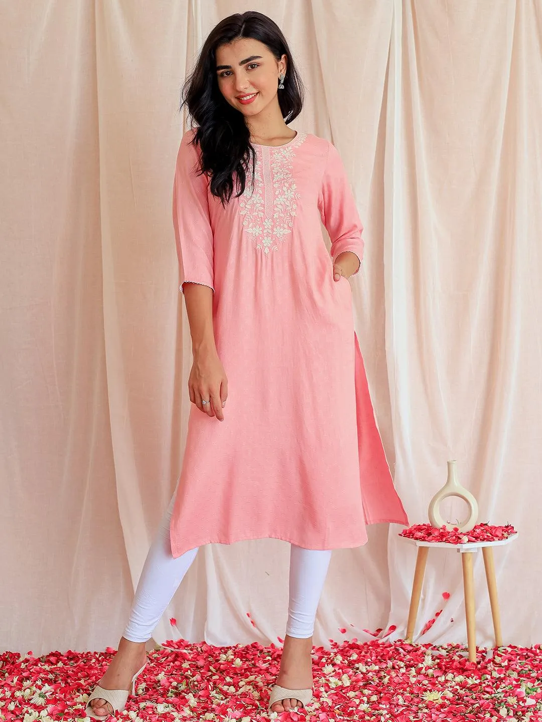 26812.webp Pink Yoke Design Rayon Straight Kurta - Image 1