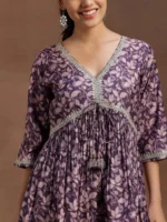 Purple Printed Silk Blend A-line Kurti - Image 6