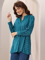 Teal Blue Woven Design Cotton Blend Straight Short Kurti - Image 4