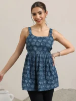 Blue Printed Cotton Anarkali Kurti - Image 3