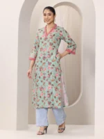 Blue Printed Cotton Blend Straight Kurta - Image 2
