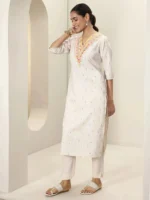 Off White Embroidered Cotton Straight Kurta - Image 5