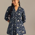 Blue Printed Rayon Straight Short Kurti