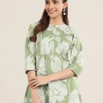 Green Printed Cotton Straight Short Kurti