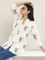Off White Printed Cotton Straight Short Kurti