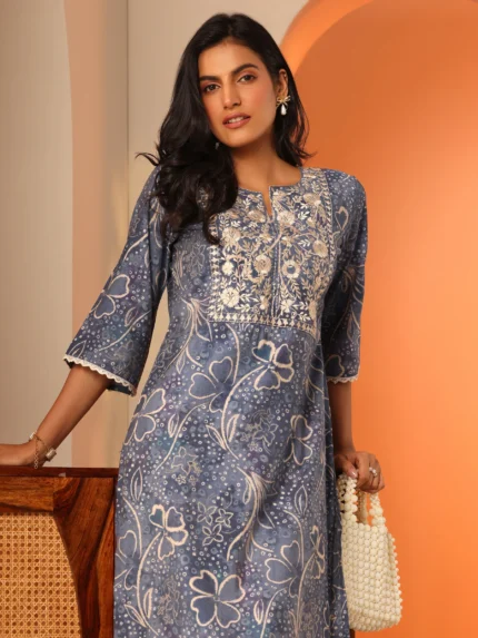Blue Printed Silk Blend Straight Kurta