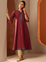 Maroon Embroidered Silk Blend A-Line Kurta