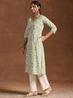 Green Printed Cotton Straight Kurta - Image 2