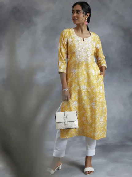 Yellow Embroidered Cotton Straight Kurta