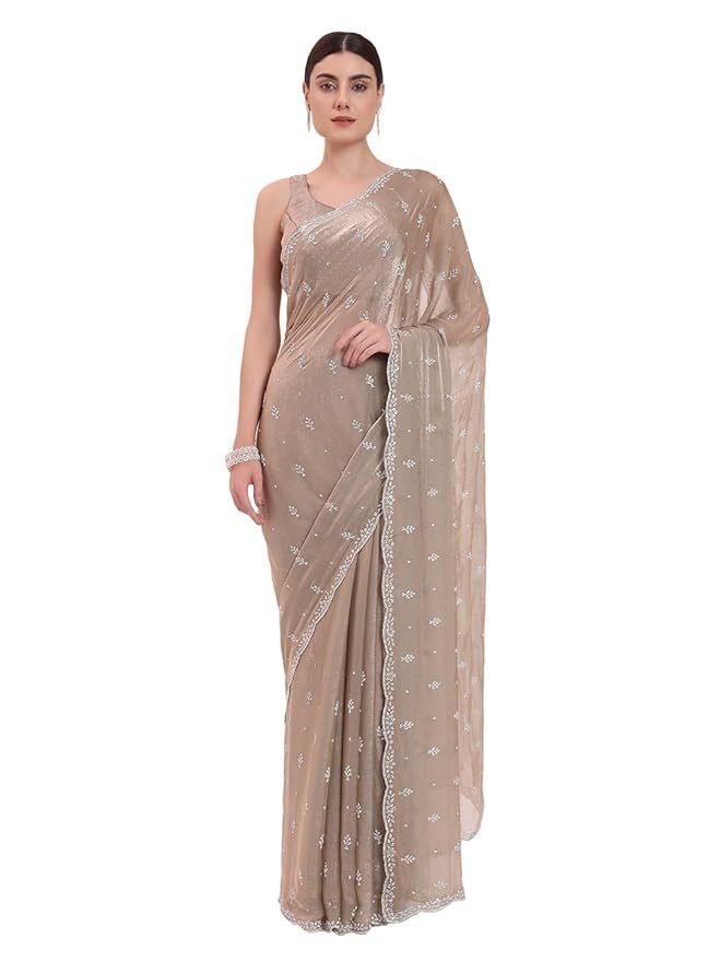 61AdSJNhoL._SY879_.jpg Women's Beige Organza Crushed Siroski Work Embellished Border Saree With Unstitched Blouse - Image 1
