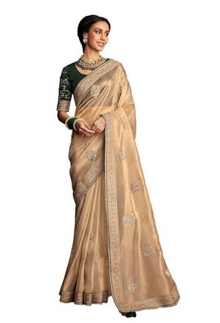 Shimmer Net Gold-coloured saree featuring an all-over heavy gold zari butta and sequence work on body decorated with border with contrast navy blue piping