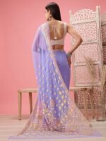 Hand Embroidered Blue - Yellow Georgette Lucknowi Chikankari Saree with Unstitched Blouse - Image 4
