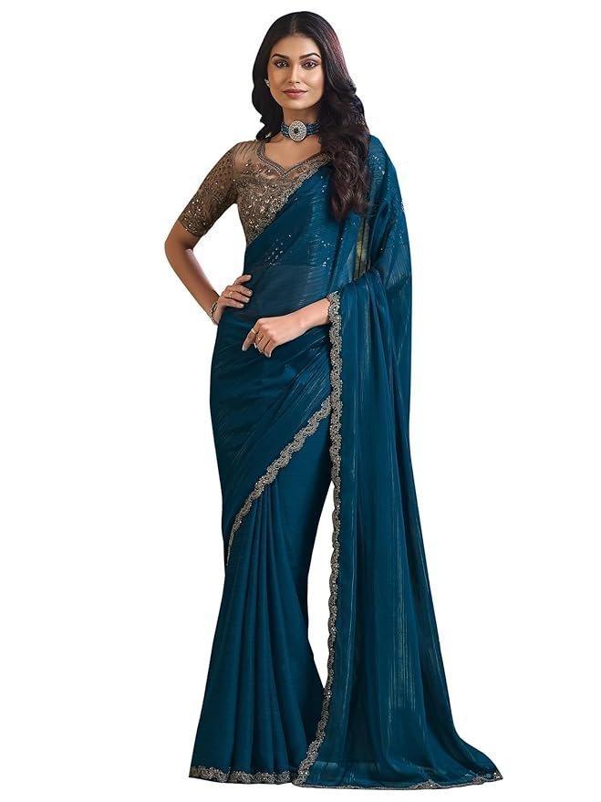 71i6jTbKklL._SY879_.jpg Women's Multicolor Georgette Solid Saree with Unstitched Blouse Piece - Image 1