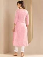 Pink Embroidered Cotton Blend Straight Kurta - Image 3