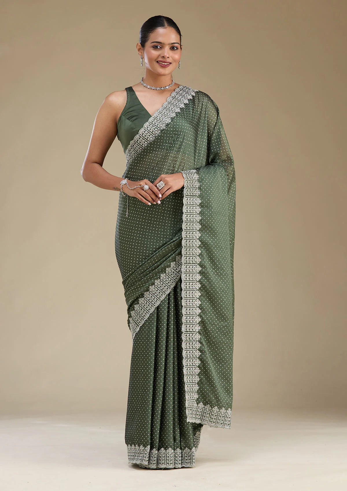 SAUS0039495_MEHENDI_1.webp Mehendi Zariwork Satin Saree - Image 1