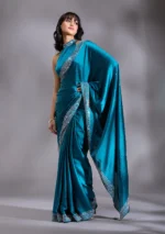 Peacock Blue Silver Stonework Satin Saree