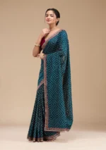 Teal Green Printed Soft Raw Silk Saree - Image 4