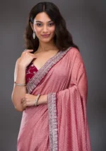 Peach Threadwork Raw Silk Saree