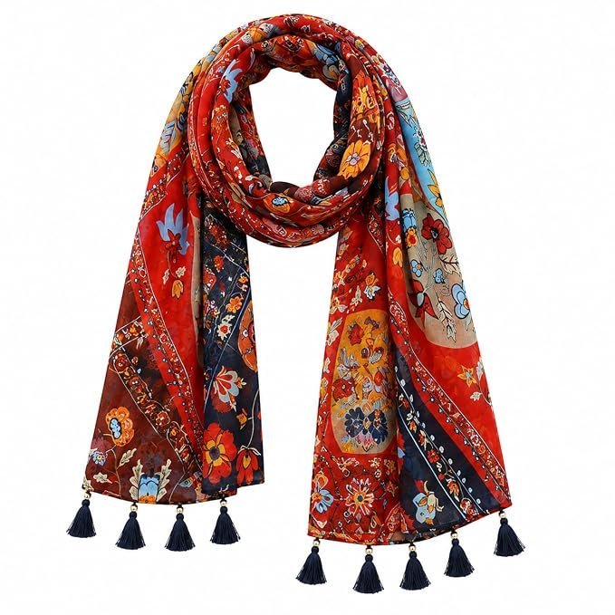 71fDy620dBL._SX679_.jpg Boho Floral Print Scarf with Tassel Trim, Multicolour - Image 1