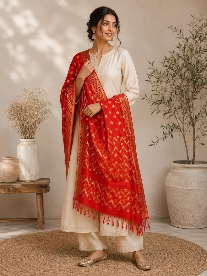71g1-ysbENL._SY879_.jpg Women Nylon Red Geometric Woven Dupatta - Image 1